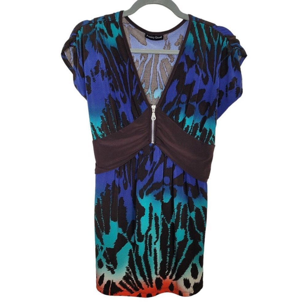 Colorful Animal Print Blouse Sz Large Stretch Tie Back 1/4 Zip Front Ombre VGC